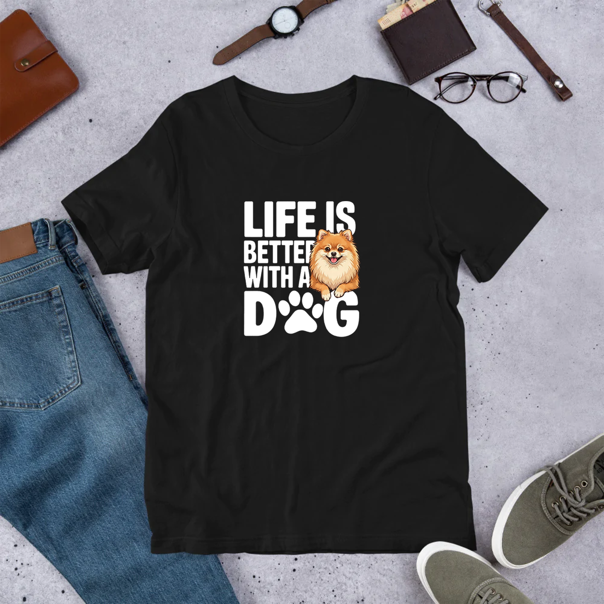 犬 tシャツ 犬イラスト ポメラニアン Life is better with a Pomeranian|アダルト&キッズサイズ